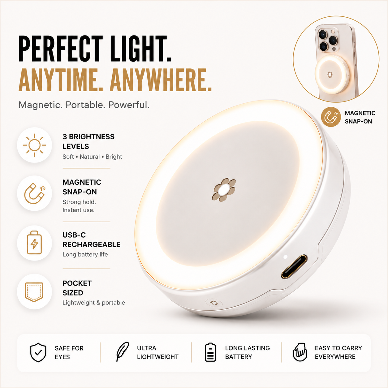 Glowora Magnetic Selfie Light – Portable Rechargeable Phone Light for Selfies, Videos & Calls