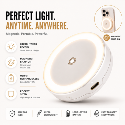 Glowora Magnetic Selfie Light – Portable Rechargeable Phone Light for Selfies, Videos & Calls